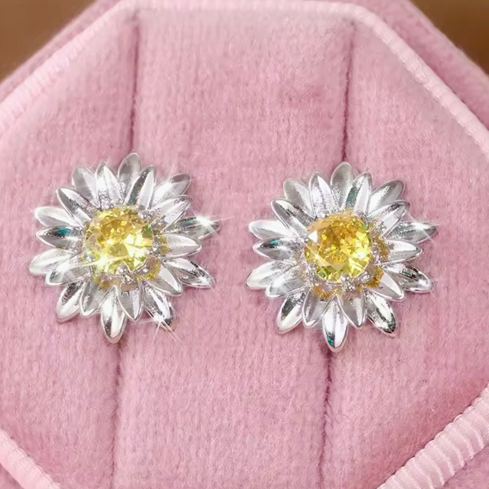 Silver Daisy Stud Earrings with Yellow Crystal Center